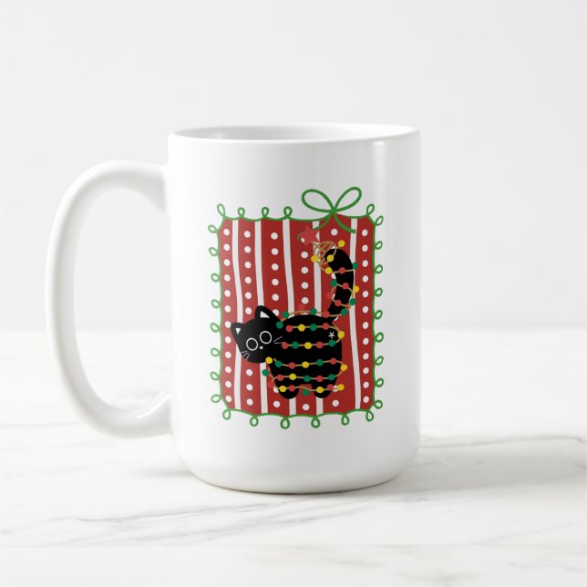 Caneca De Café Gato de Natal Enroscado em Luzes – Engraçado Fofo  (Esquerda)