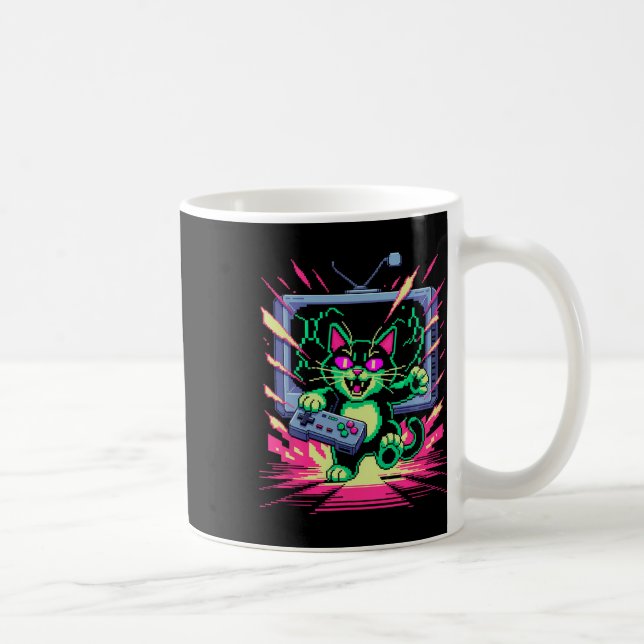 Caneca De Café Gato de Raiva de Pixel em Estilo 8-bit Glitch Retr (Direita)