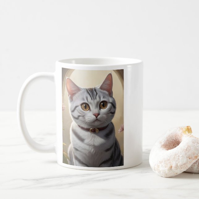 Caneca De Café Gato de Shorthair Americano Bonito com Olhos Grand (Com Donut)