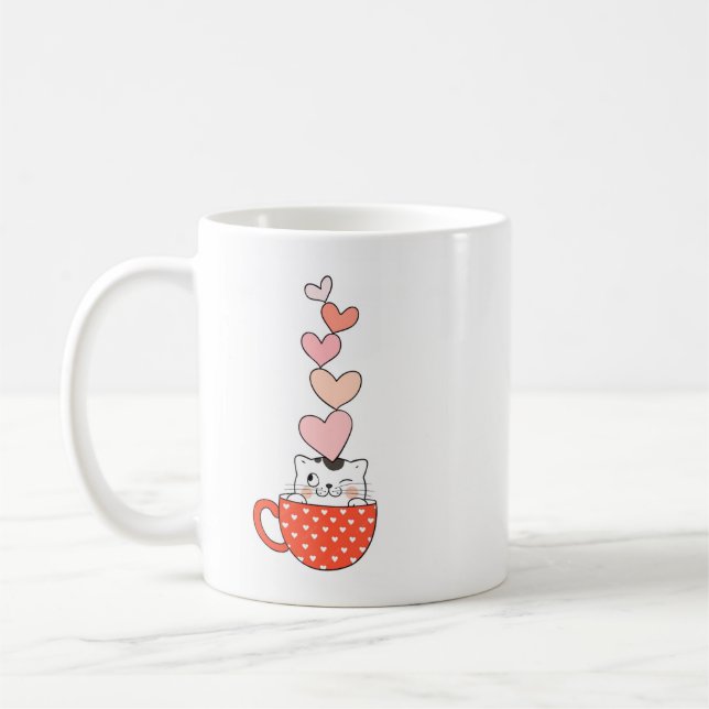 Caneca De Café Gato De Taça Com Corações (Esquerda)