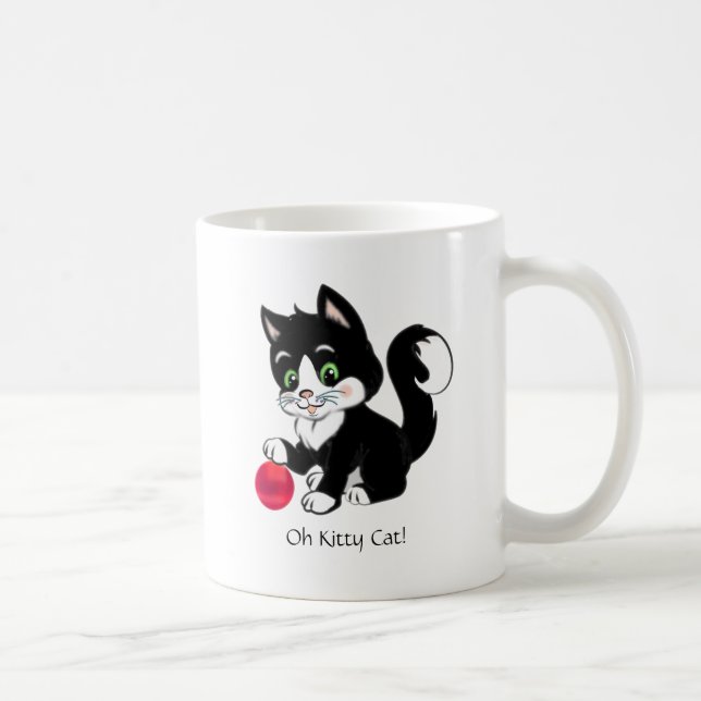 Caneca De Café Gato de tuxedo branco, preto, bonito e bola vermel (Direita)