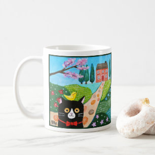 Caneca De Café Gato de Tuxedo Fofo e Pássaro Amarelo em Arte Coun