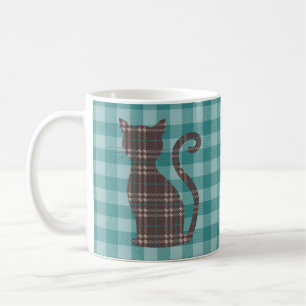 Caneca De Café Gato de Xadrez castanho em Gingham Verde