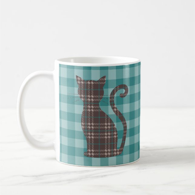 Caneca De Café Gato de Xadrez castanho em Gingham Verde (Esquerda)