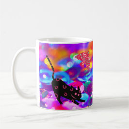 Caneca De Café Gato e Pássaro em Fundo Colorido