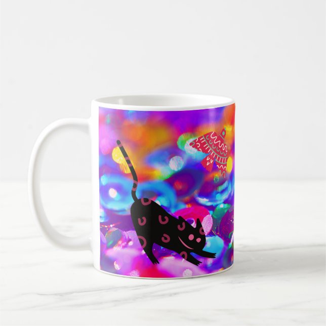 Caneca De Café Gato e Pássaro em Fundo Colorido (Esquerda)