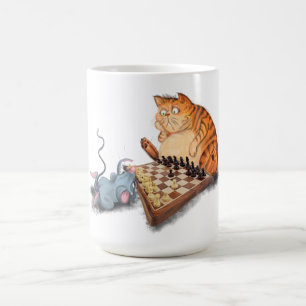 Caneca De Café Gato e Rato Tocando Xadrez - Pintura - Engraçado
