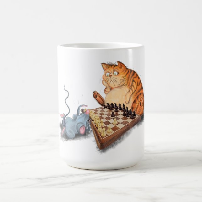 Caneca De Café Gato e Rato Tocando Xadrez - Pintura - Engraçado (Centro)