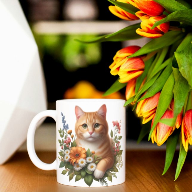 Caneca De Café Gato em Aquarela & Flores (Criador carregado)