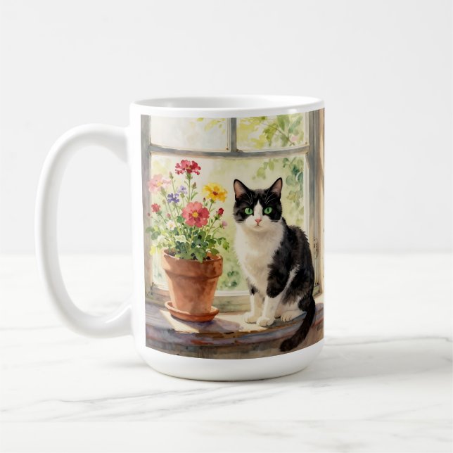 Caneca De Café Gato em Aquarela, Flores e Poema (Esquerda)