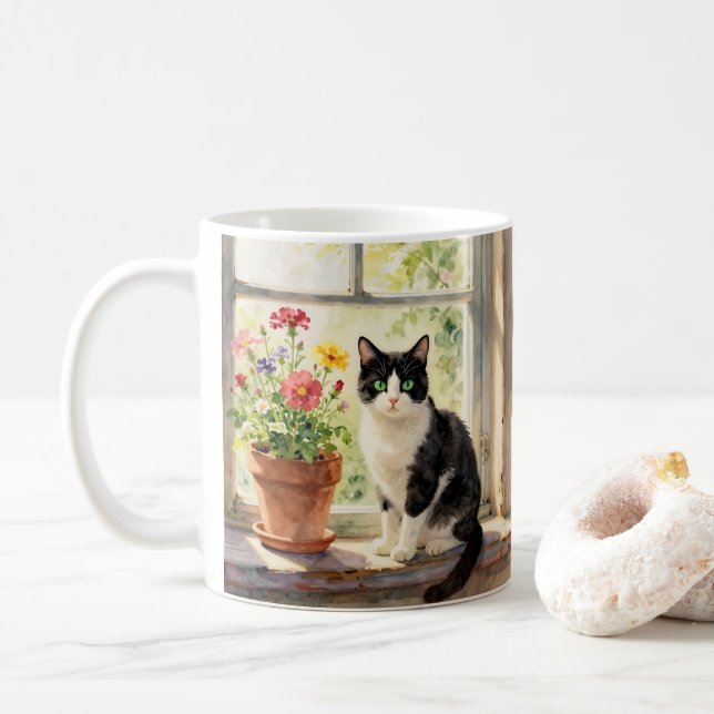 Caneca De Café Gato em Aquarela, Flores e Poema (Com Donut)