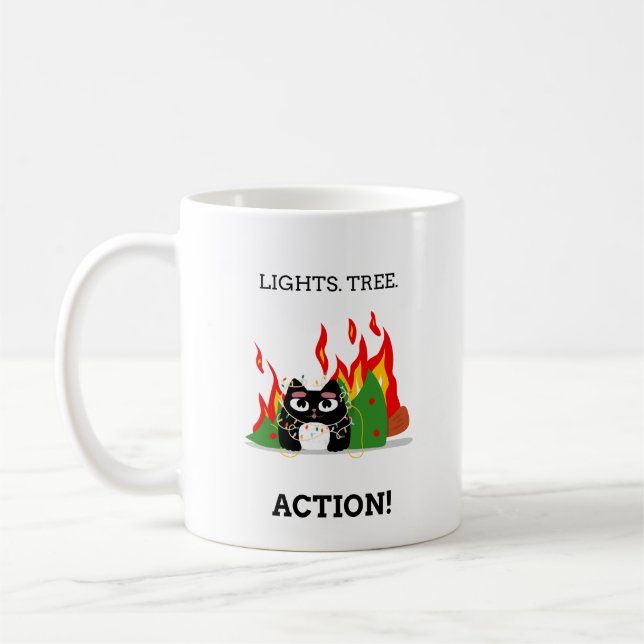 Caneca De Café Gato Engraçado - Luzes. Árvore. Ação! Natal (Esquerda)