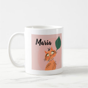 Caneca De Café Gato Engraçado Planta Folha Cartoon