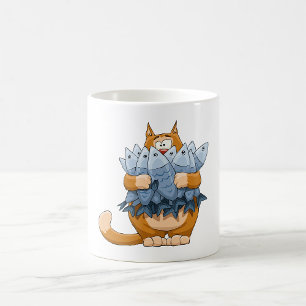 Caneca De Café Gato Engraçado Segurando Peixe Cartoon Gatinho Fam
