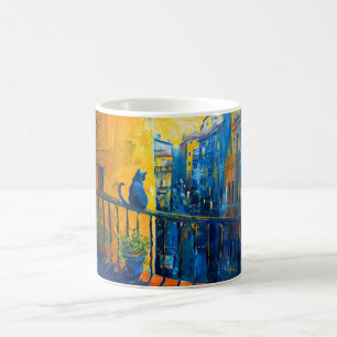 Caneca De Café Gato está sentado no Corrimão da Varanda