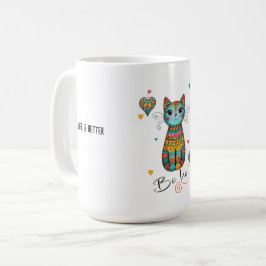 Caneca De Café Gato Floral Colorido de Boho
