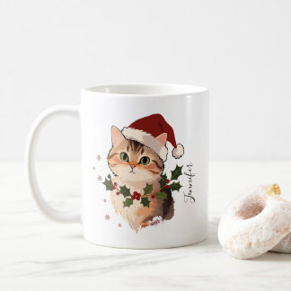 Caneca De Café Gato Fofo com Chapéu de Natal Nome Personalizado