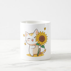 Caneca De Café Gato Fofo com Design Kawaii de Girassol
