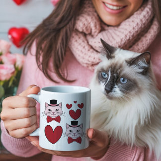 Caneca De Café Gato fofo com gravata borboleta e corações dia dos