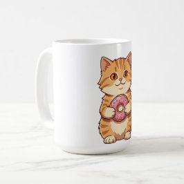 Caneca De Café Gato Fofo e Felpudo Segurando Donut Rosa Cartoon
