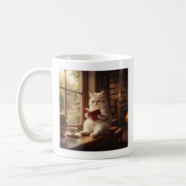 Caneca De Café Gato Fofo Lendo (Esquerda)