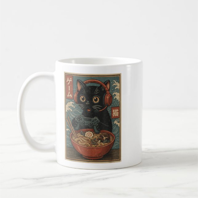 Caneca De Café Gato Gamer Kawaii Fofo Ramen Japonês Retrô Engraça (Esquerda)