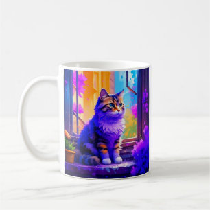 Caneca De Café Gato Gatinho Bonito Sentado na Janela