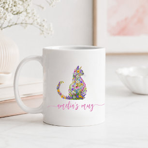 Caneca De Café Gato Gatinho Floral Personalizado