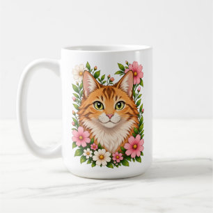 Caneca De Café Gato Gengibre Caprichoso e Flores Silvestres