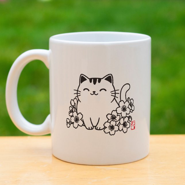Caneca De Café Gato japonês bonito e Sakura com Carimbo Neko (Criador carregado)