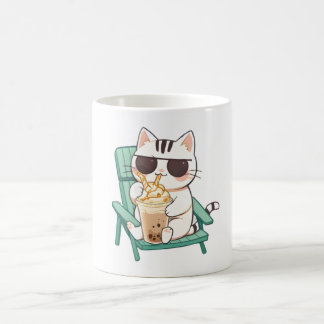 Caneca De Café Gato Kawaii Chibi de Óculos de Sol Bebendo Frappè