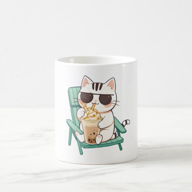 Caneca De Café Gato Kawaii Chibi de Óculos de Sol Bebendo Frappè (Centro)