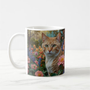 Caneca De Café Gato laranja branco bonito em jardim floral