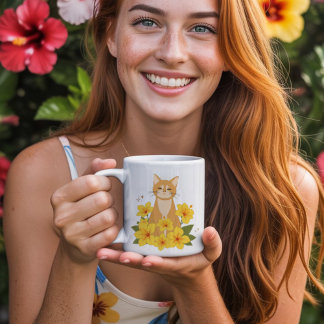 Caneca De Café Gato Laranja Cercado por Flores de Hibisco Amarela