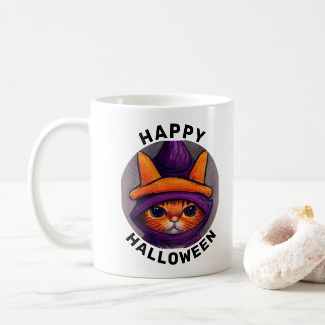 Caneca De Café Gato Laranja com Chapéu de Bruxa Roxo (Com Donut)