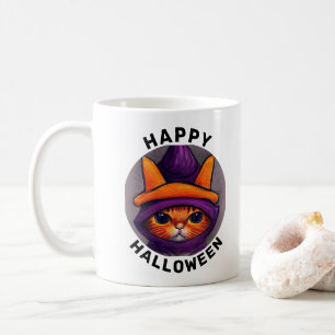 Caneca De Café Gato Laranja com Chapéu de Bruxa Roxo Halloween