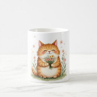 Caneca De Café Gato Laranja com um Buquê de Flores