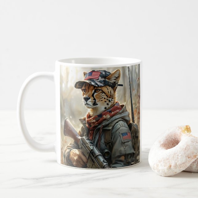 Caneca De Café Gato legal de MAGA com Arma e Camuflagem CHEETAH (Com Donut)