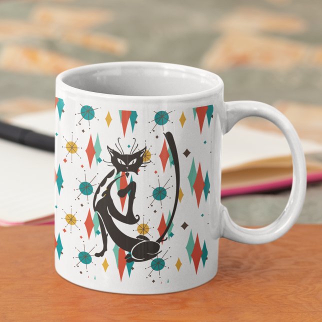 Caneca De Café Gato Legal Preto dos Anos 50 Estilo Mid Century Mo (Criador carregado)