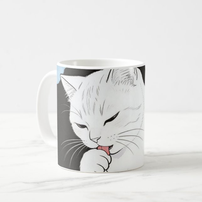 Caneca De Café Gato Limpando a Pata (Frente Esquerda)