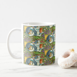 CANECA DE CAFÉ GATO-MÃE E COZINHO, FLORES, ARCOS E LACE