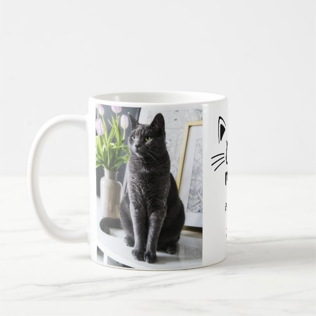 Caneca De Café Gato-mãe rosto de gato personalizado 2 fotos nomes (Esquerda)