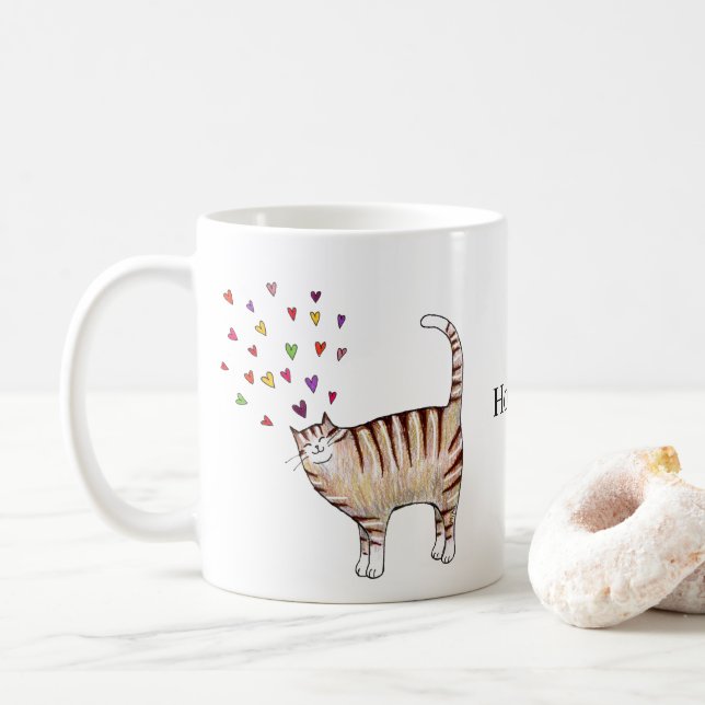Caneca De Café Gato Marrom Tabby com Corações Nome Personalizado  (Com Donut)
