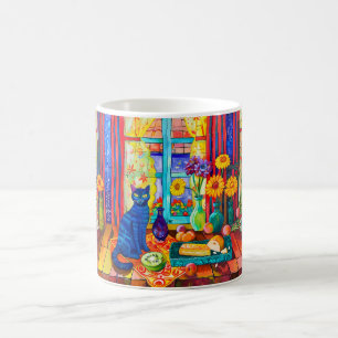 Caneca De Café Gato na Mesa da Cozinha junto à Janela