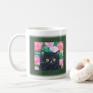 Caneca De Café Gato Negro Bonito com Flores Coloridas