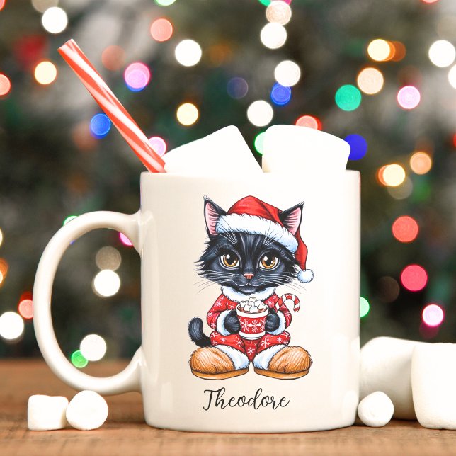 Caneca De Café Gato Negro Bonito personalizado Mug de Natal (Black cat personalized Christmas mug.)