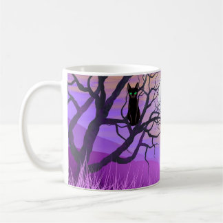 Caneca De Café Gato Negro com Lua cheia e Céu Noturno Roxo
