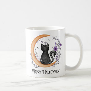 Caneca De Café Gato Negro e Lua Crescente para Feliz Halloween