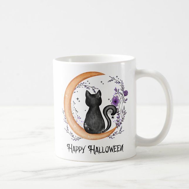Caneca De Café Gato Negro e Lua Crescente para Feliz Halloween (Direita)