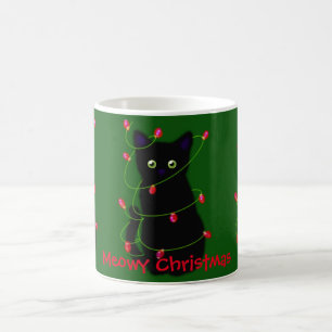 Caneca De Café Gato negro Meowy Christmas Luzes cintilantes
